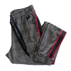 REDFOX Women L Black White Red Stripe Plaid Houndstooth Knit Jogger Pants Preppy